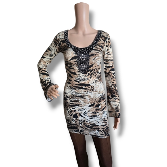 HEARTBEAT Women's Multicolored Animal Print Rhinestone Embellishment Tunic Dress - Picture 1 of 16